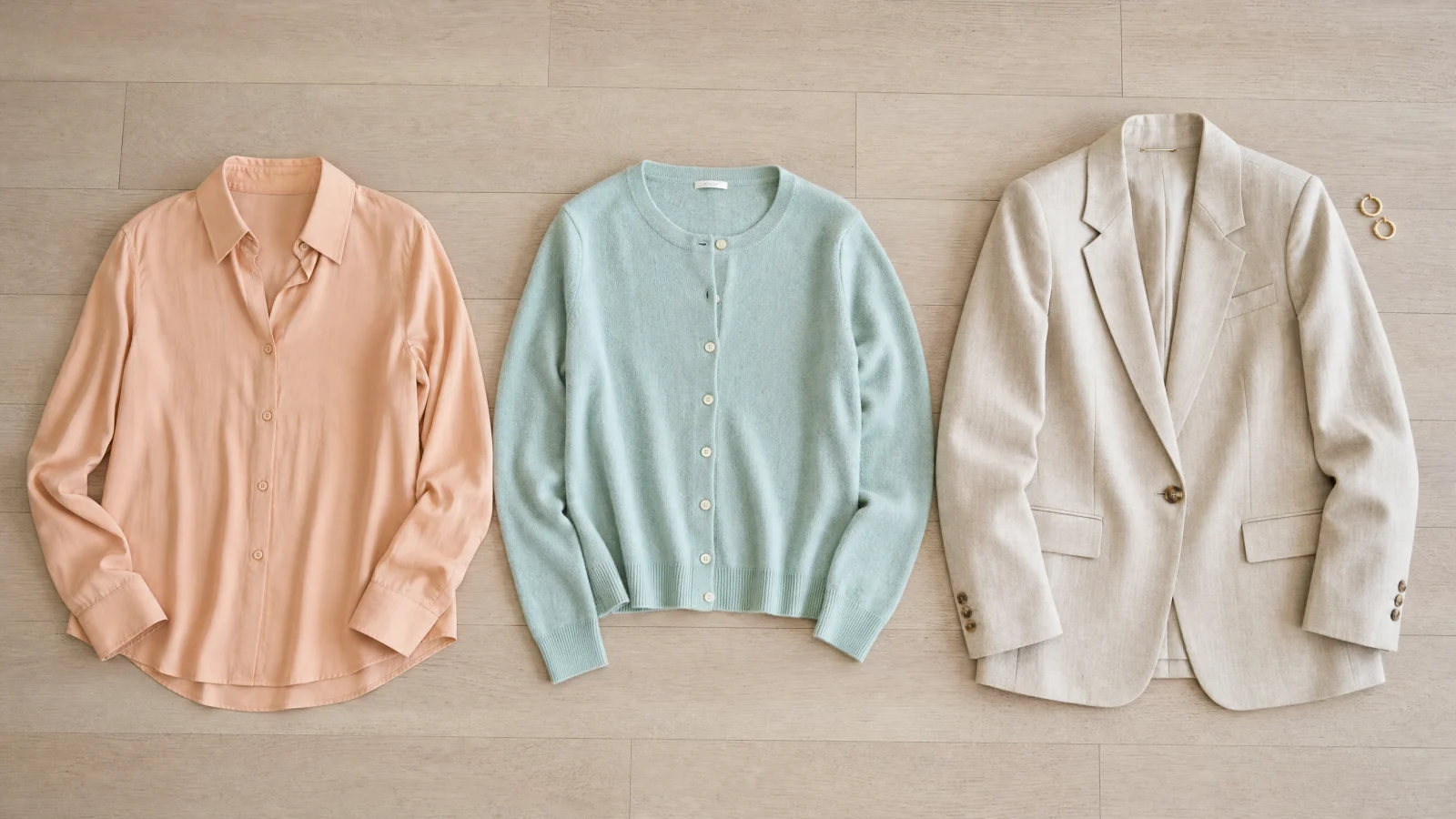 Three wearable garments laid side by side in Fresh Apricot, Spring Mint, Biscuit.