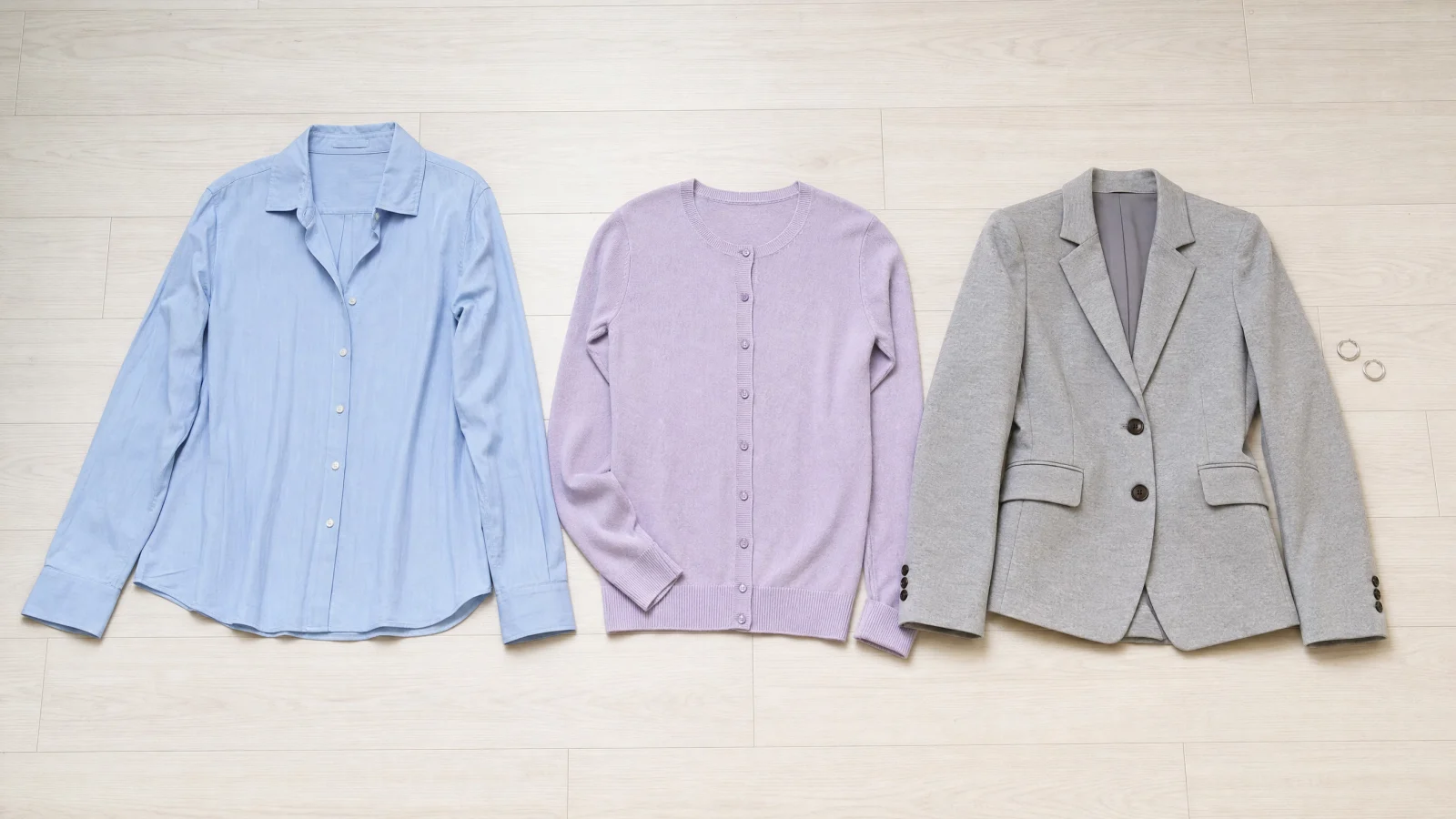 Three wearable garments laid side by side in Powder Blue, Wisteria, Dove Grey.