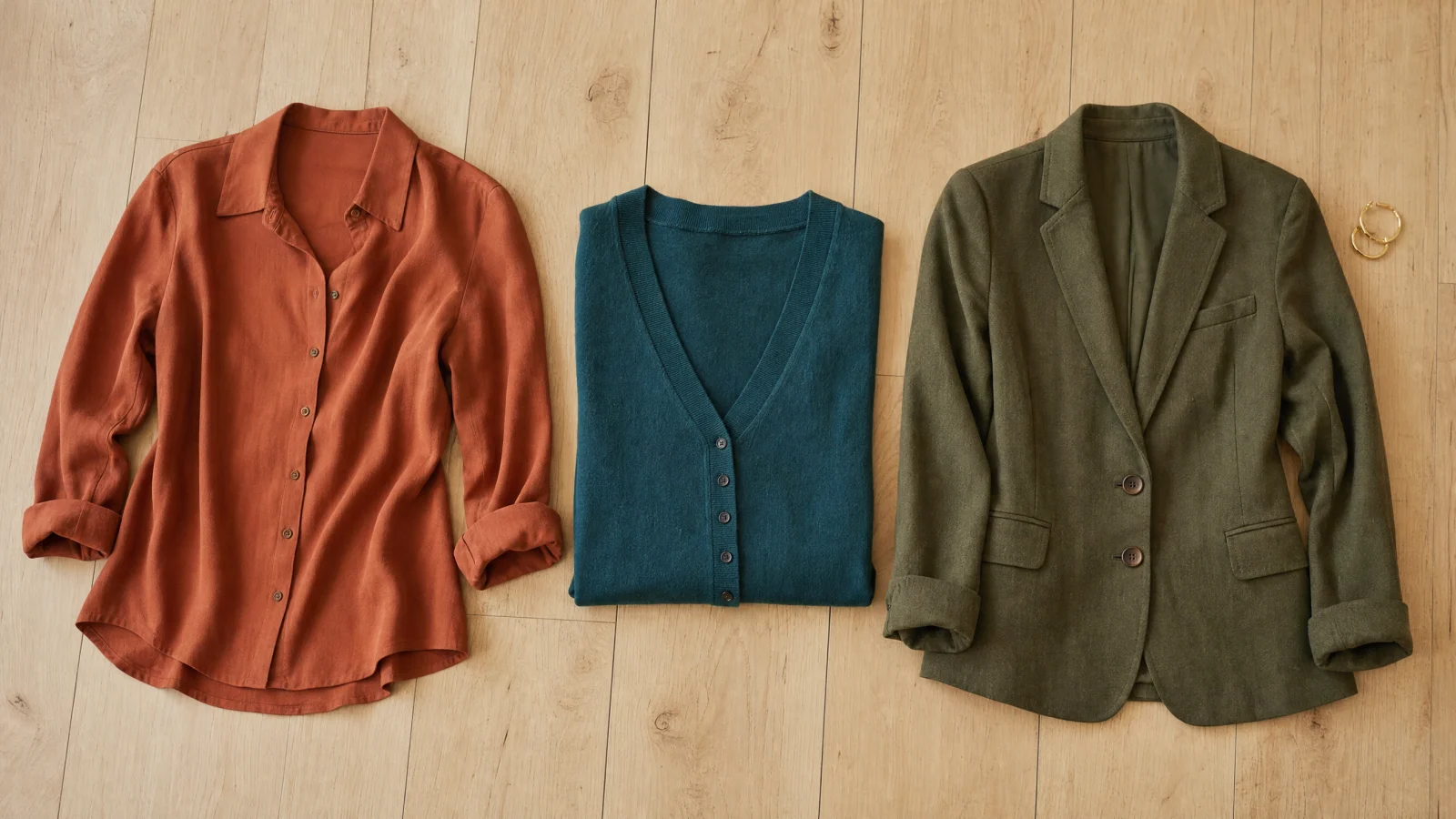 Three wearable garments laid side by side in Terracotta, Deep Teal, Olive.