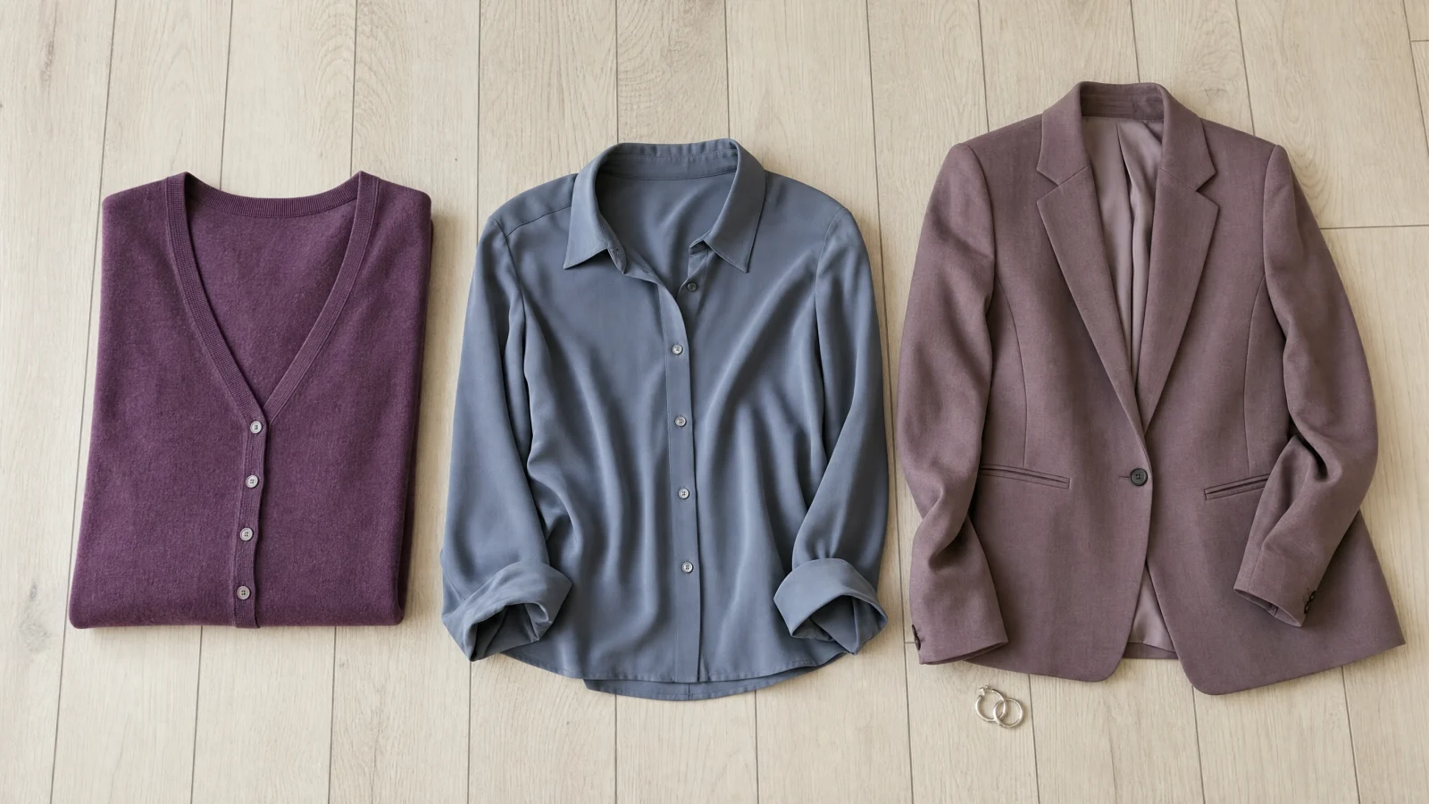 Three wearable garments laid side by side in Dusty Plum, Steel Blue, Antique Mauve.