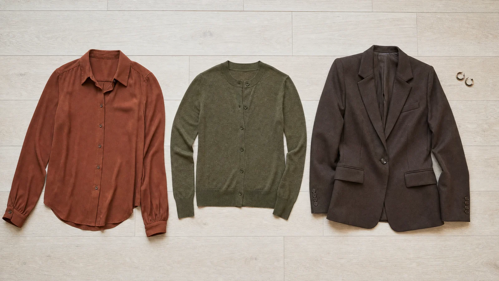 Three wearable garments laid side by side in Rust, Olive, Chocolate.