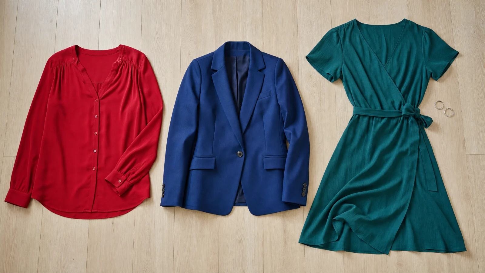 Three wearable garments laid side by side in True Red, Sapphire, Emerald Teal.