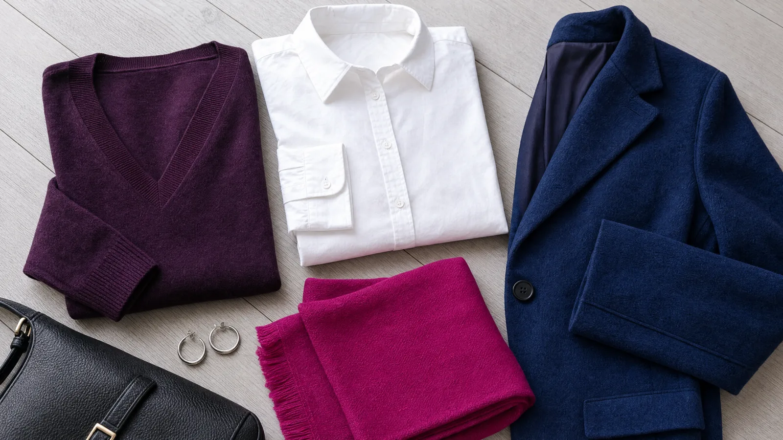 A blackberry knit, white button shirt, sapphire jacket and fuchsia scarf with silver hoops and a black bag.