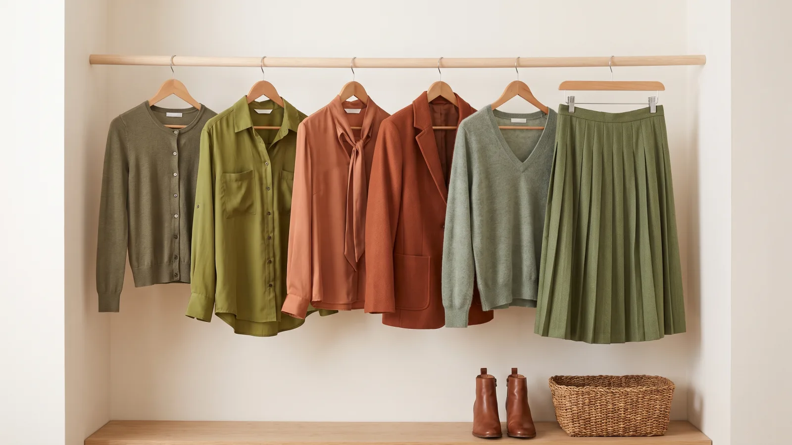 Six warm garments on a wooden closet rail in three pairs, a grayish olive cardigan beside a fuller olive shirt, a soft terracotta blouse beside a stronger rust jacket, and a hazy sage sweater beside a deeper moss pleated skirt.