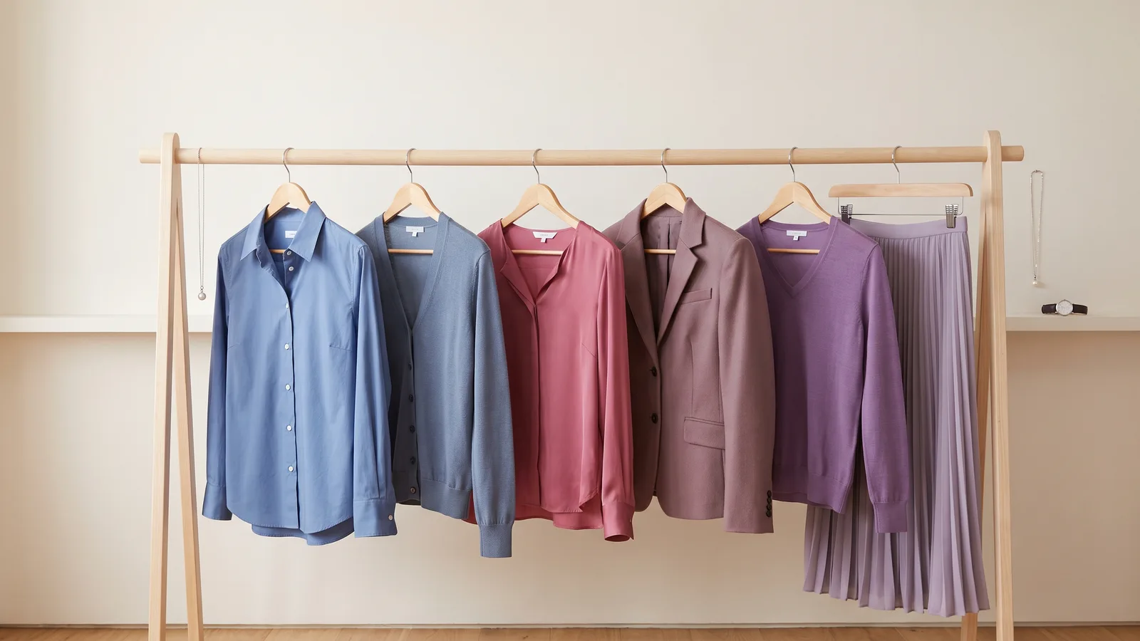 Six garments hanging on a pale wooden closet rail in three pairs, a French blue shirt beside a grayer steel blue cardigan, a raspberry rose blouse beside a mauve jacket, and an amethyst top beside a misty lilac skirt.