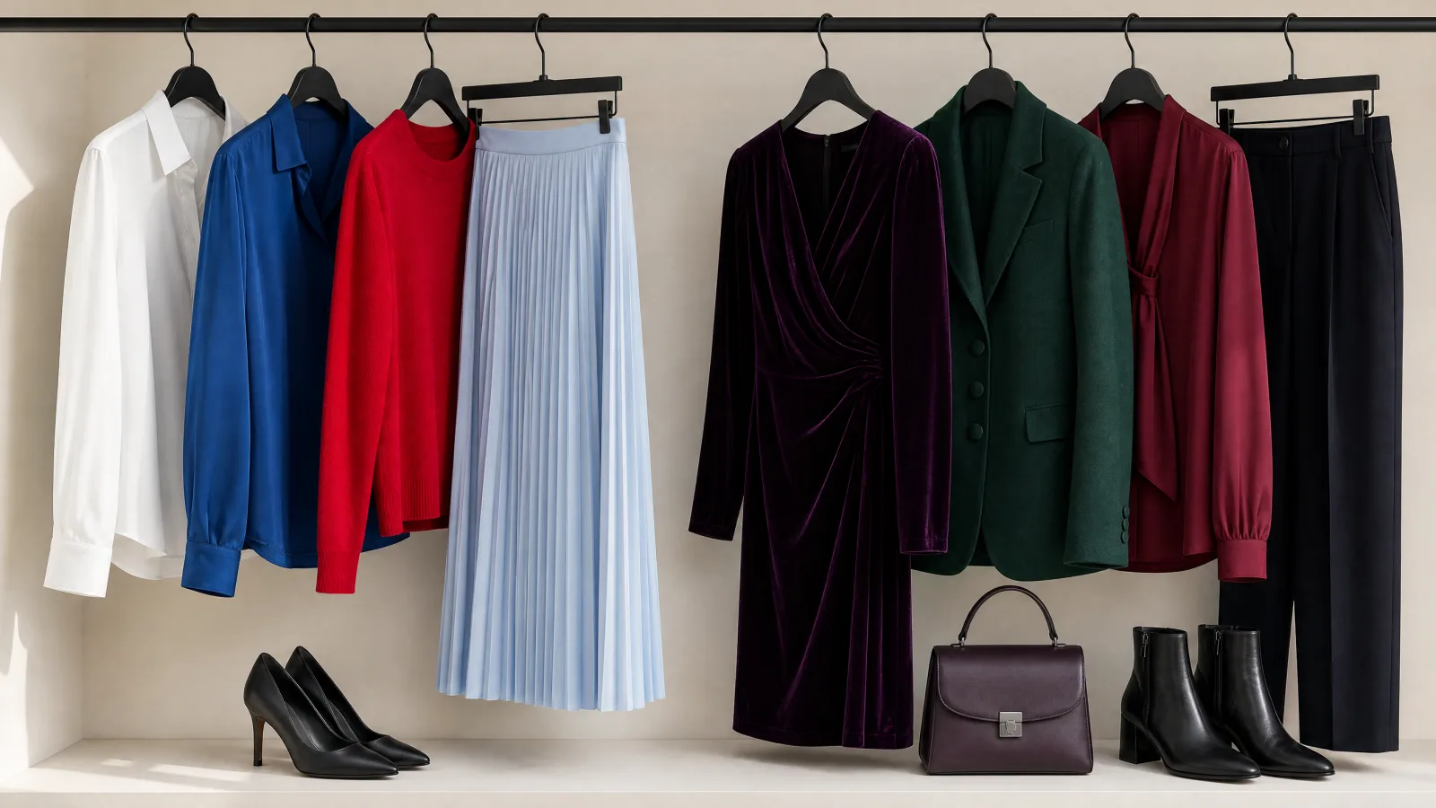 A closet rail hung with a white shirt, sapphire blouse, red knit and pale blue pleated skirt on the left and a blackberry velvet dress, pine blazer, oxblood blouse and ink trousers on the right.
