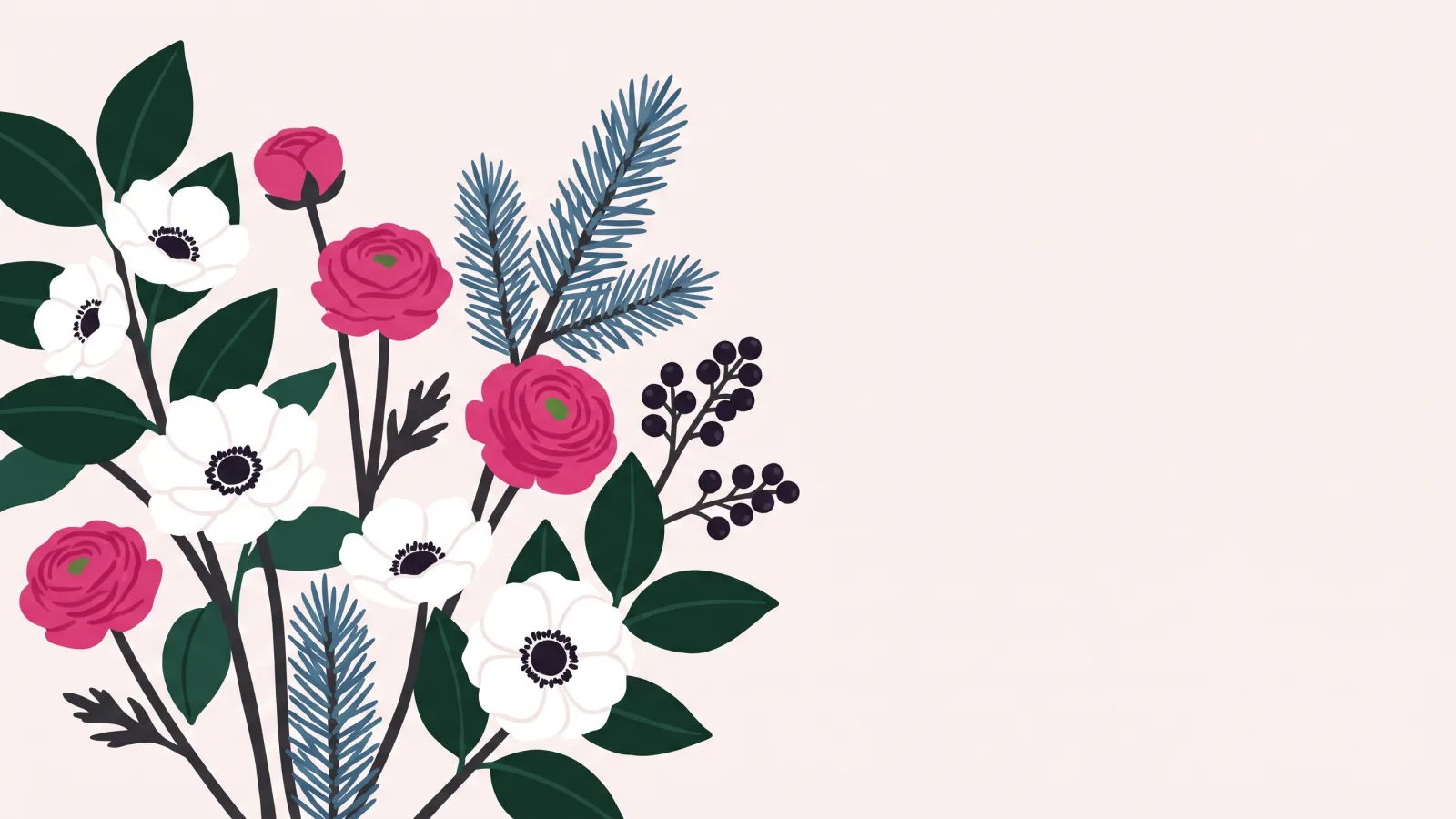 A spray of white anemones with near-black centers, deep evergreen leaves, bright fuchsia ranunculus and blue spruce on a pale blush ground.