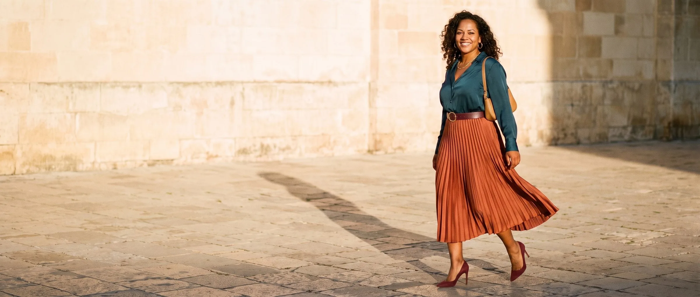 An outfit styled from a closet: a deep teal silk blouse tucked into a terracotta pleated midi skirt with a slim wine belt, wine suede heels and a camel shoulder bag, worn by a woman turning toward the camera in a sunlit stone plaza.