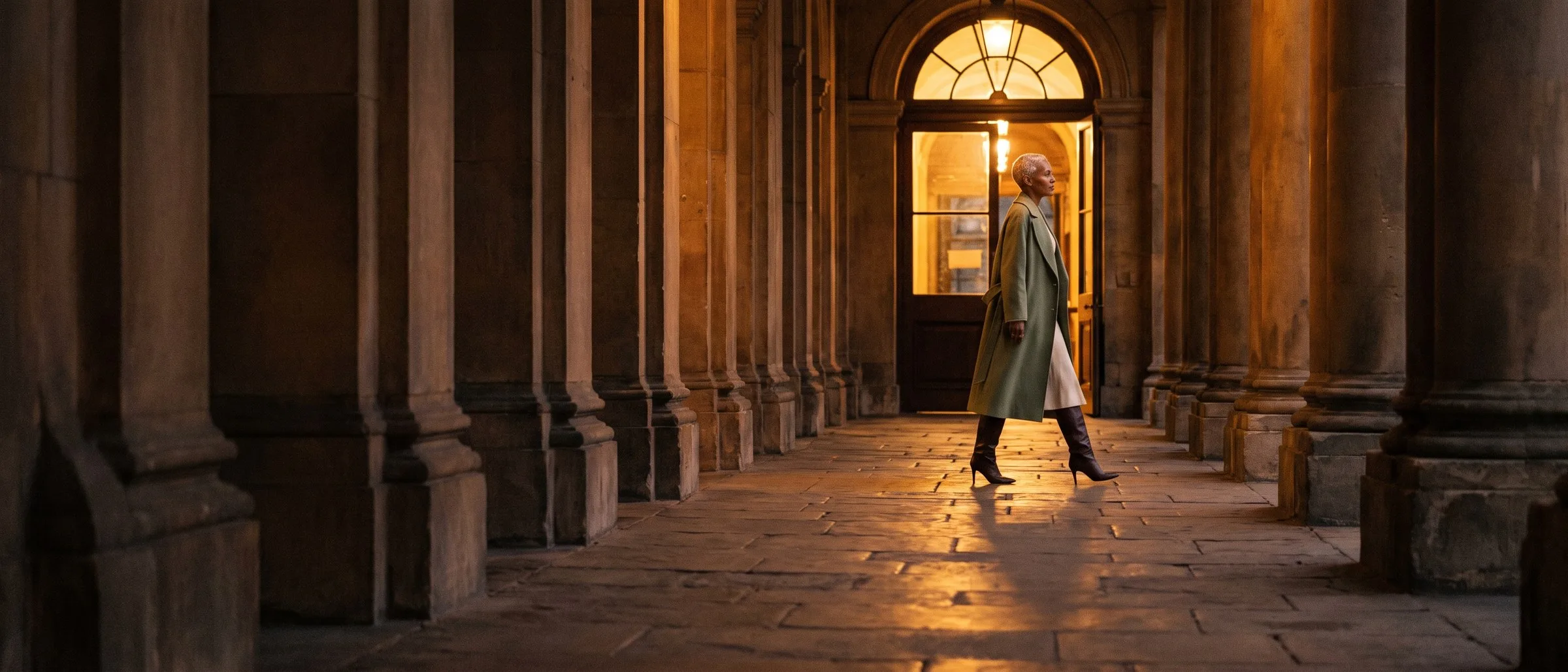 A stone colonnade at dusk, with warm light spilling from an open doorway at the far end and a woman in a long sage coat and espresso boots walking through it.