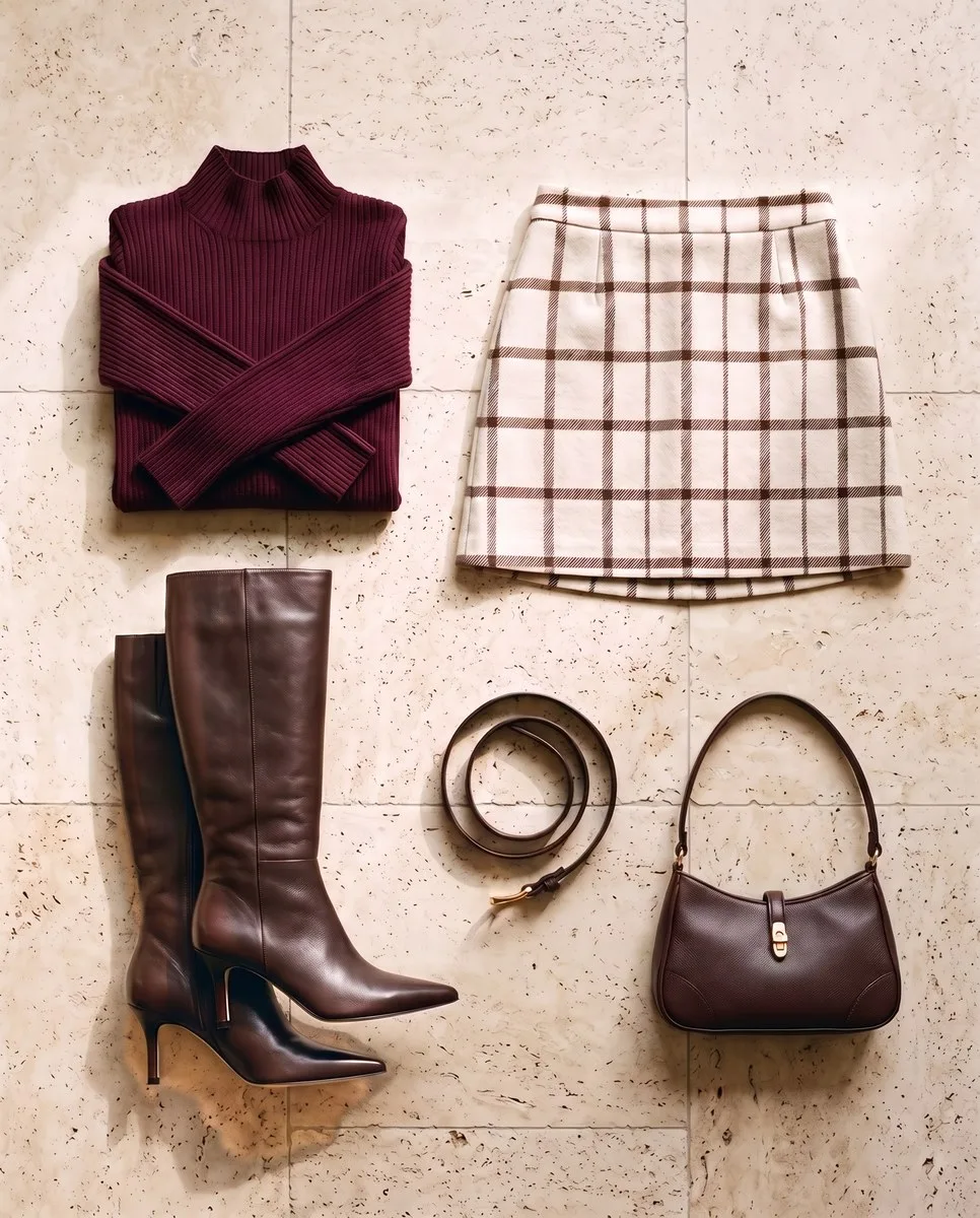 Five pieces laid out flat on warm stone: a wine ribbed knit, a warm ivory checked mini skirt, espresso leather knee boots with slim heels, a slim brown belt and a small espresso shoulder bag.