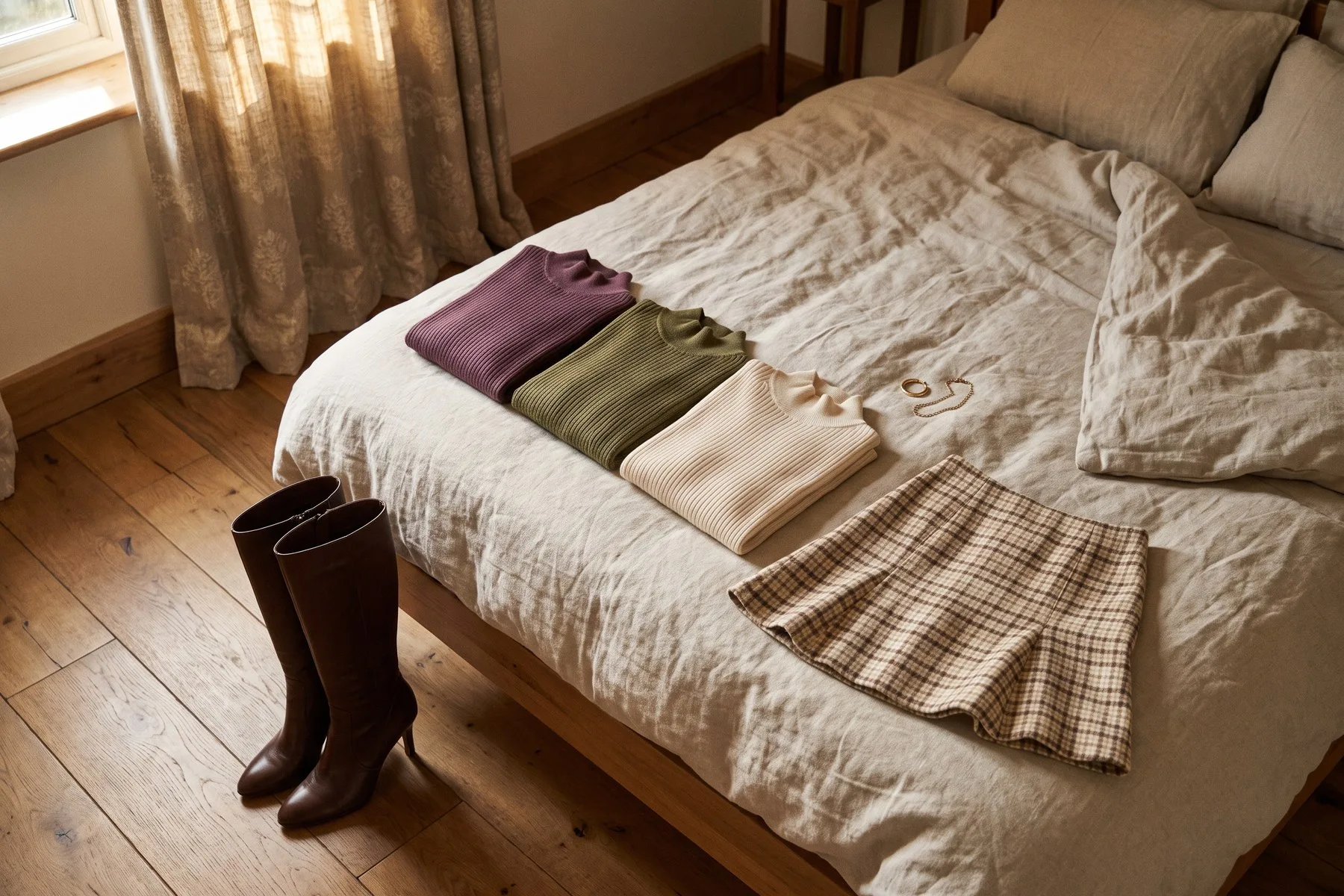 Three folded ribbed knits in plum, olive and warm ivory laid out on a bed beside a checked skirt, with espresso heeled knee boots on the floor.