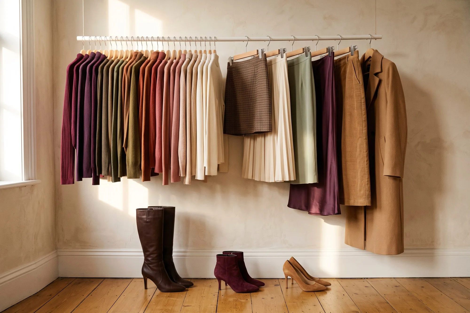 A packed home wardrobe rail in morning light: ribbed knits in wine, plum, olive, terracotta and dusty rose, checked, pleated and satin skirts, a camel coat at the end, and espresso knee boots, wine suede ankle boots and camel pumps lined up below.