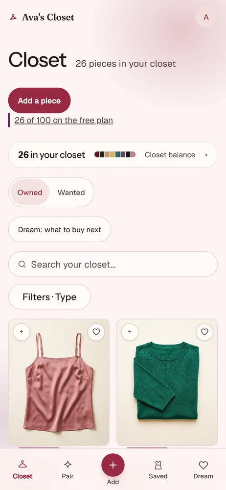 The Closet screen: a photo grid of pieces led by a dusty rose camisole, an emerald knit, an ivory blouse and a mustard blouse, with filters down the left for type, color, season, fit and formality, and a search box above the grid.
