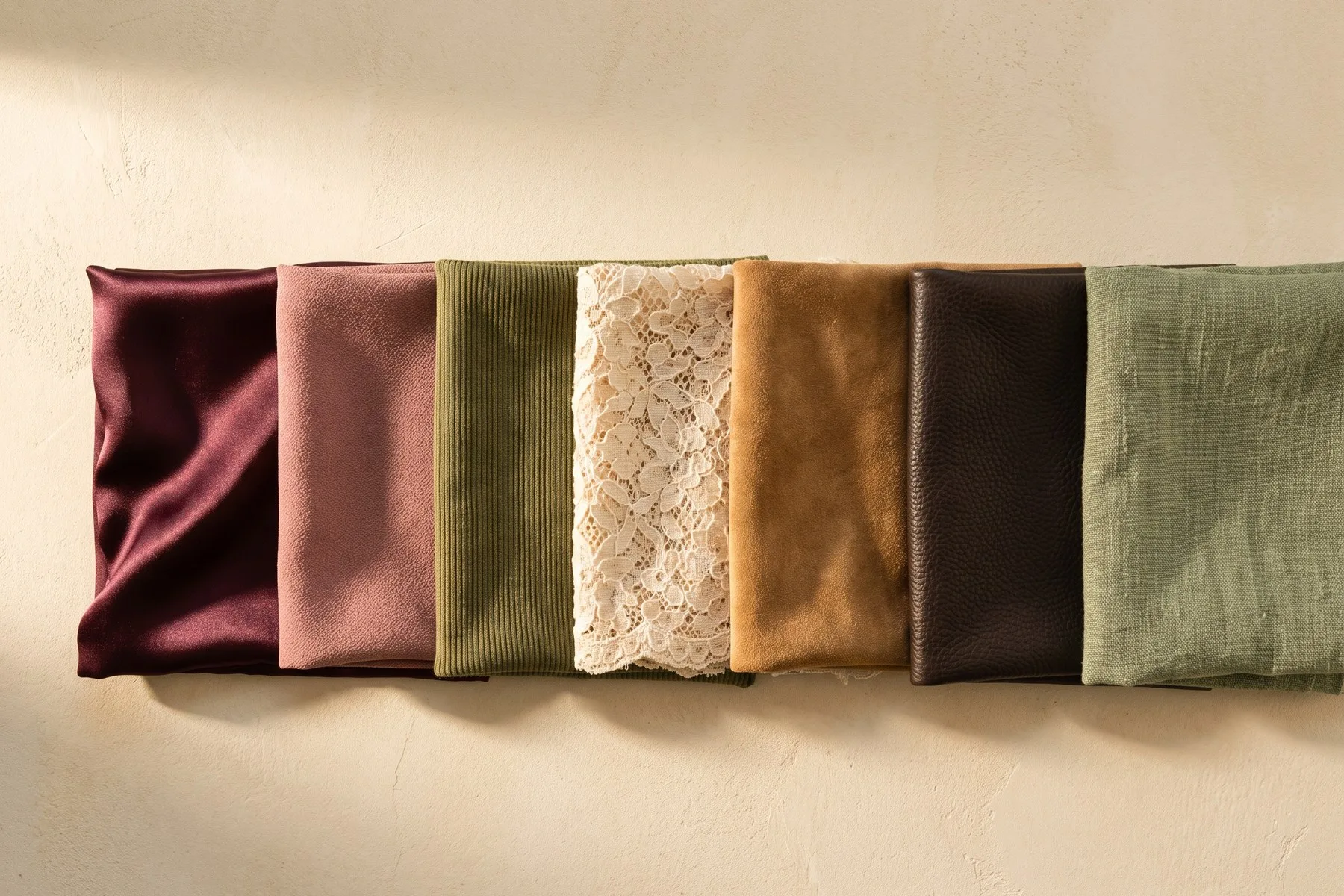 Folded fabric swatches laid in a row on warm plaster: wine silk satin, dusty rose crepe, olive corduroy, cream lace, camel suede, espresso leather and sage linen.